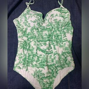 Crisp green & white toile one-piece swimsuit
